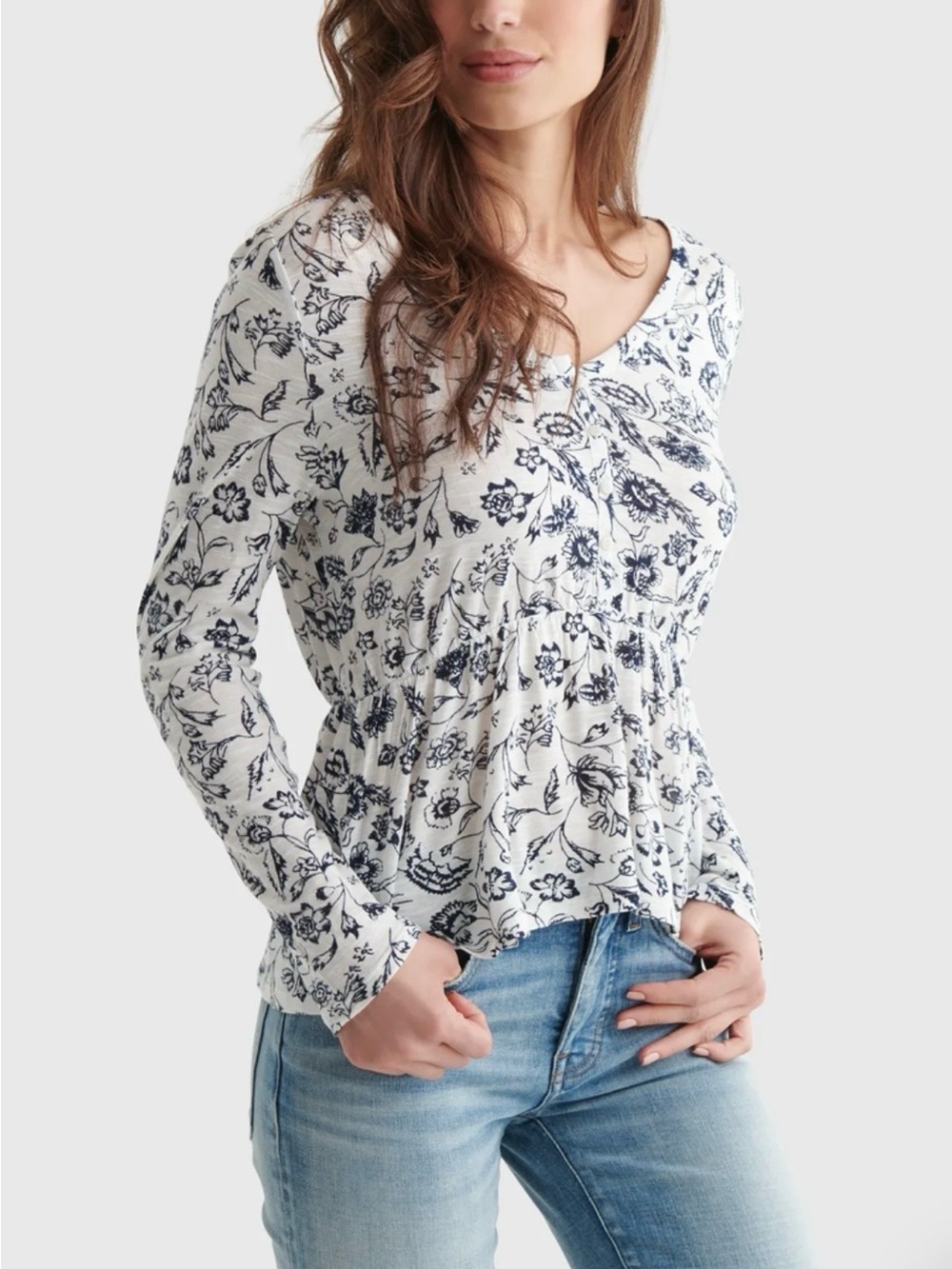 NWT Lucky Brand White Long-Sleeve Floral Print Peplum Top